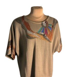 Valerie Lynn Hand-painted Tan Short Sleeve Knit Top Size Medium